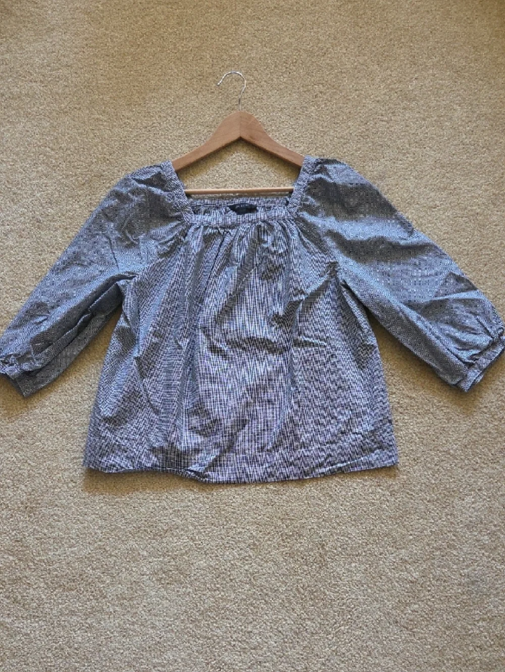 J. Crew Gray Checked Square Neck Peasant Blouse 100% Cotton Sz 8 Boho Cottage